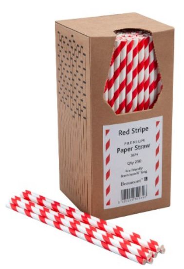 Picture of PACK OF 250 RED STRIPE PAPER DRINKING STRAW BIODEGRADABLE 8" 6MM BORE