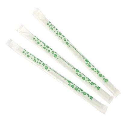 Picture of PACK OF (300) COMPOSTABLE PLA PLASTIC JUMBO STRAW 8" GREEN STRIPE WRAPPED