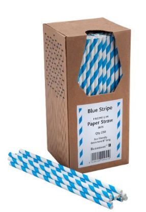 Picture of PACK OF 250 BLUE STRIPE PAPER DRINKING STRAW BIODEGRADABLE 8" 6MM BORE