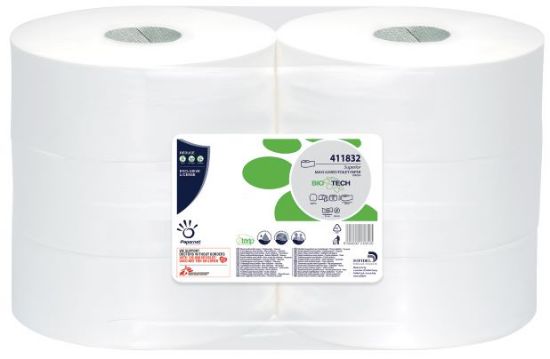 Picture of BIO TECH 400M MAXI JUMBO TOILET ROLL - 60MM CORE WHITE 2 PLY (PURE) (6)