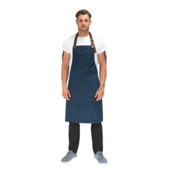 Picture of LE CHEF STATEMENT INDIGO DENIM APRON LEATHER HALTER & POCKET